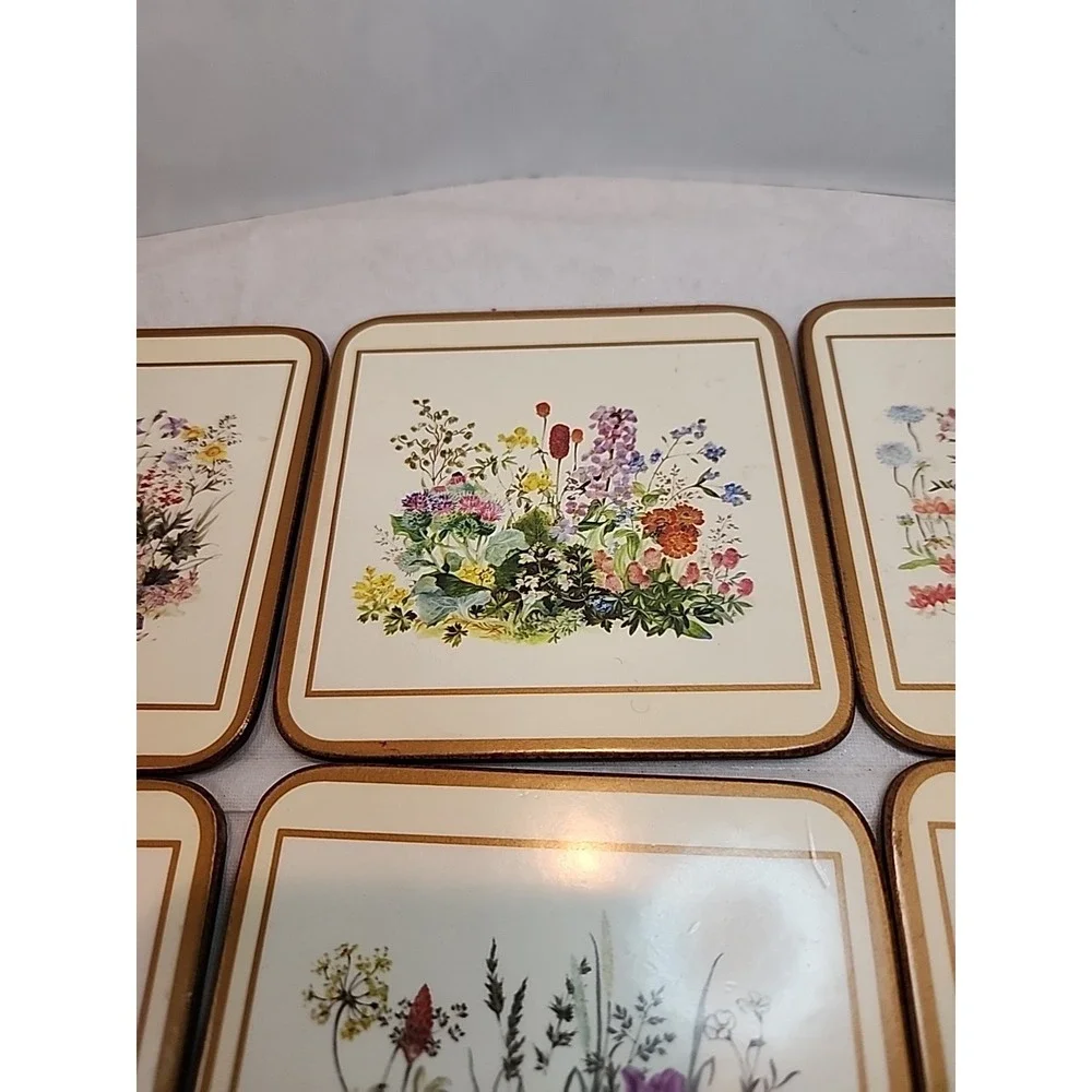 Pimpernel Set of‎ 6 VTG 'Meadow Floral' Design Cork Back Coasters W/Original Box